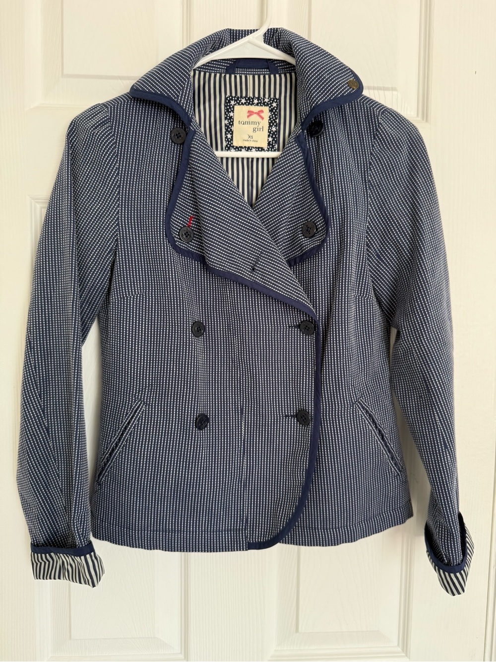 Tommy Hilfiger Navy Micro-Striped Double-Breasted Peacoat